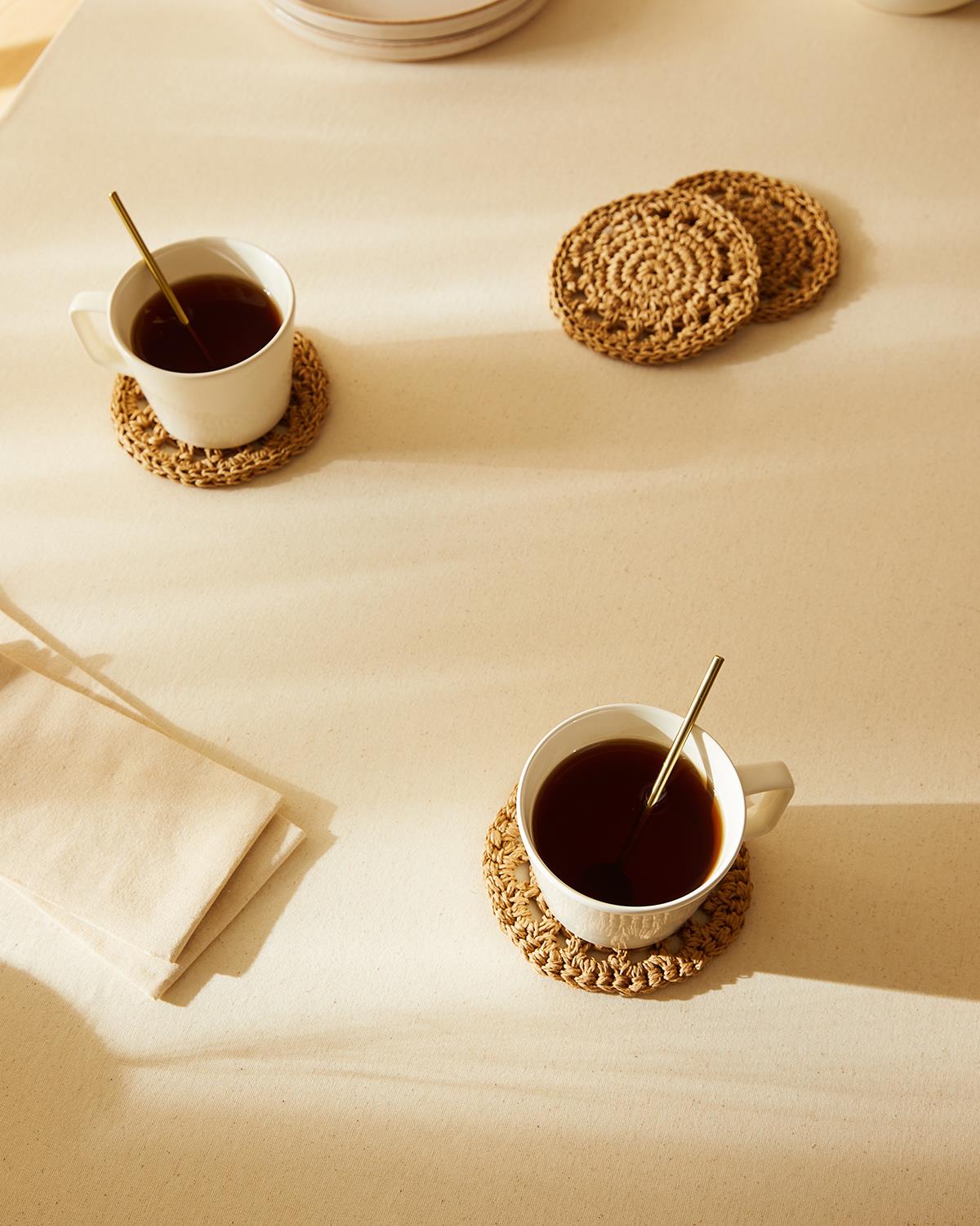  4lü Bej Renk Motifli Rafya Bardak Altlığı Ø 11 cm