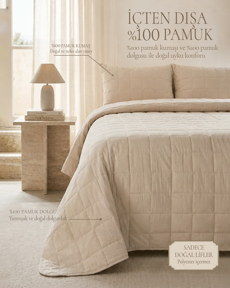 %100 Pamuk Kumaş Kapitoneli Bej Çok Amaçlı Çift Kişilik Yatak Örtüsü Seti 1 Adet 250 x 230 / 2 Adet 50 x 70 cm