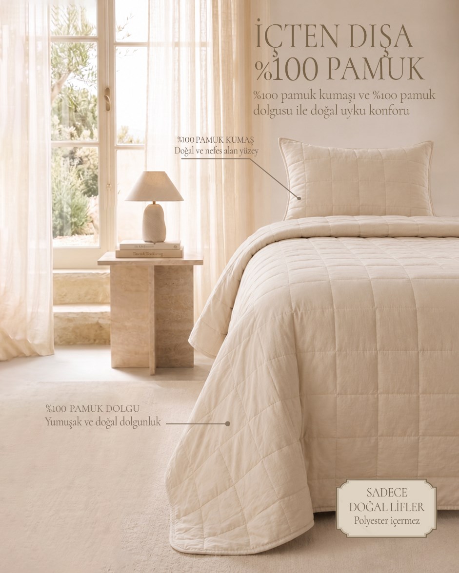 %100 Pamuk Kumaş Kapitoneli Bej Çok Amaçlı Tek Kişilik Yatak Örtüsü Seti 1 Adet 180 x 230 / 1 Adet 50 x 70 cm