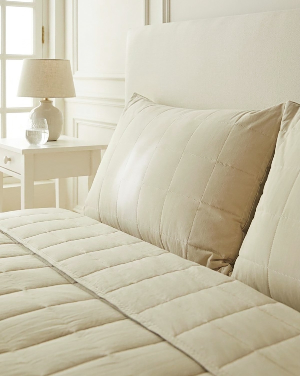 %100 Pamuk Kumaş Kapitoneli Bej Çok Amaçlı Çift Kişilik Yatak Örtüsü Seti 1 Adet 250 x 230 / 2 Adet 50 x 70 cm