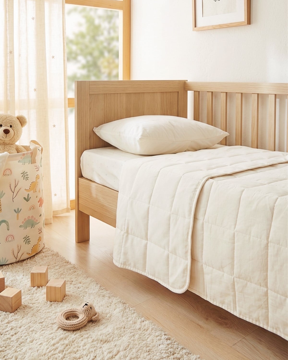 %100 Pamuk Kumaş Kapitoneli Ekru Çok Amaçlı Bebek Yatak Örtüsü Seti 1 Adet 100 x 150 / 1 Adet 37 x 47 cm