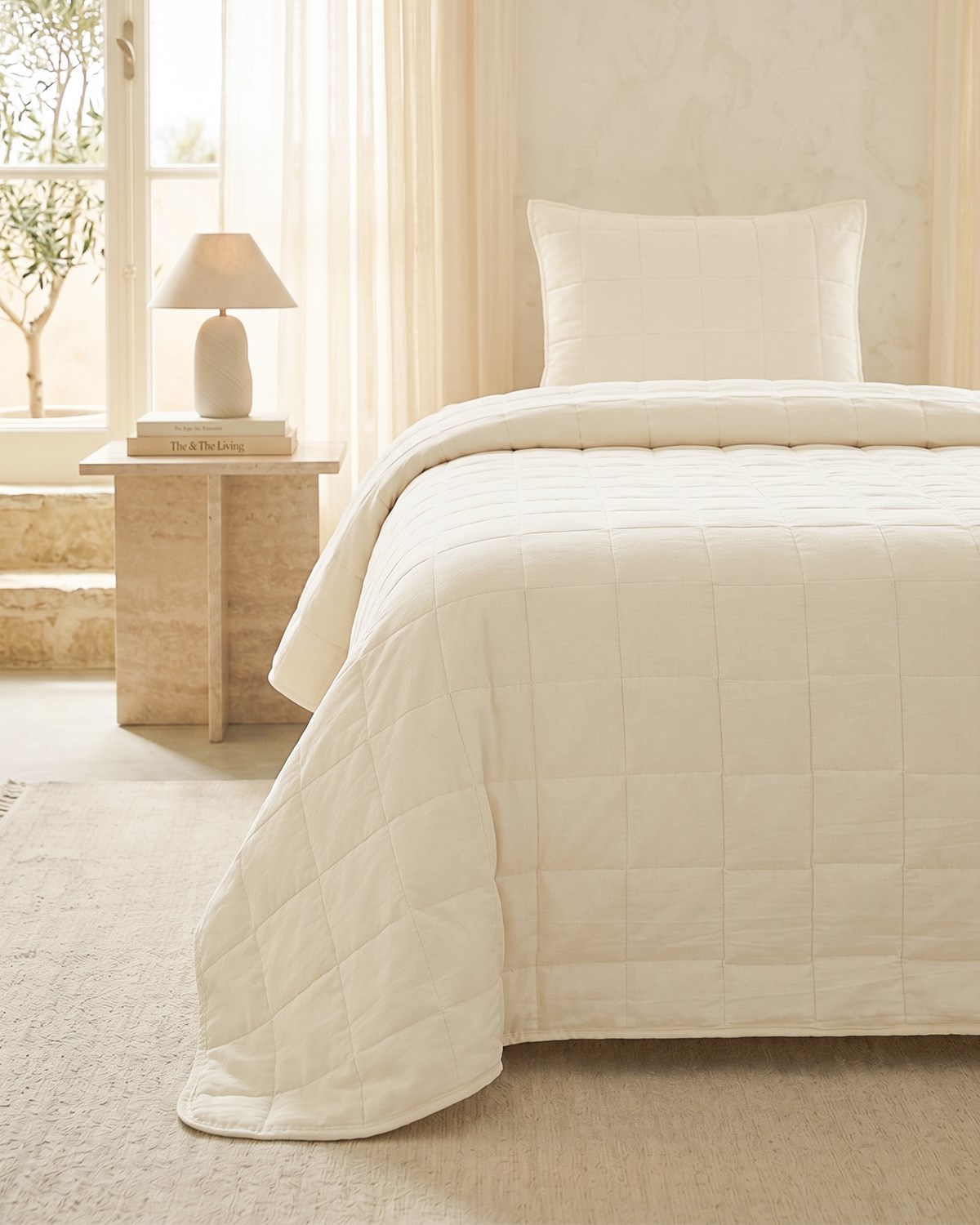 %100 Pamuk Kumaş Kapitoneli Ekru Çok Amaçlı Tek Kişilik Yatak Örtüsü Seti 1 Adet 180 x 230 / 1 Adet 50 x 70 cm