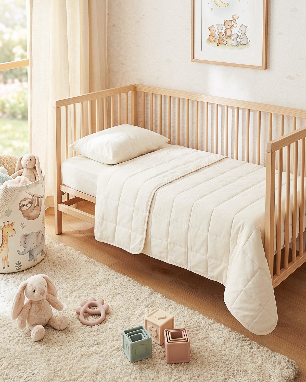 %100 Pamuk Kumaş Kapitoneli Ekru Çok Amaçlı Bebek Yatak Örtüsü Seti 1 Adet 100 x 150 / 1 Adet 37 x 47 cm