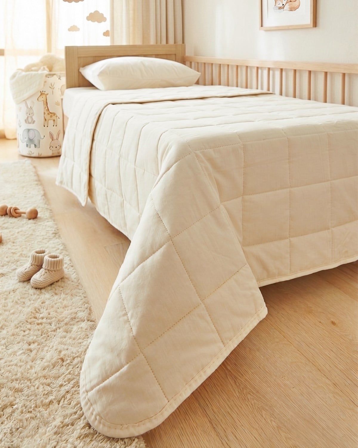 %100 Pamuk Kumaş Kapitoneli Ekru Çok Amaçlı Bebek Yatak Örtüsü Seti 1 Adet 100 x 150 / 1 Adet 37 x 47 cm