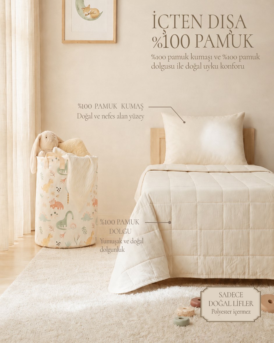 %100 Pamuk Kumaş Kapitoneli Ekru Çok Amaçlı Bebek Yatak Örtüsü Seti 1 Adet 100 x 150 / 1 Adet 37 x 47 cm