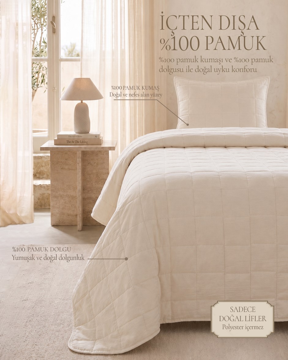 %100 Pamuk Kumaş Kapitoneli Ekru Çok Amaçlı Tek Kişilik Yatak Örtüsü Seti 1 Adet 180 x 230 / 1 Adet 50 x 70 cm