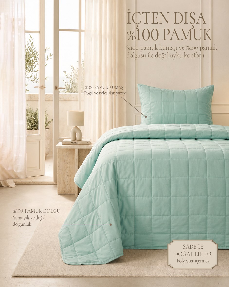 %100 Pamuk Kumaş Kapitoneli Mint Çok Amaçlı Tek Kişilik Yatak Örtüsü Seti 1 Adet 180 x 230 / 1 Adet 50 x 70 cm