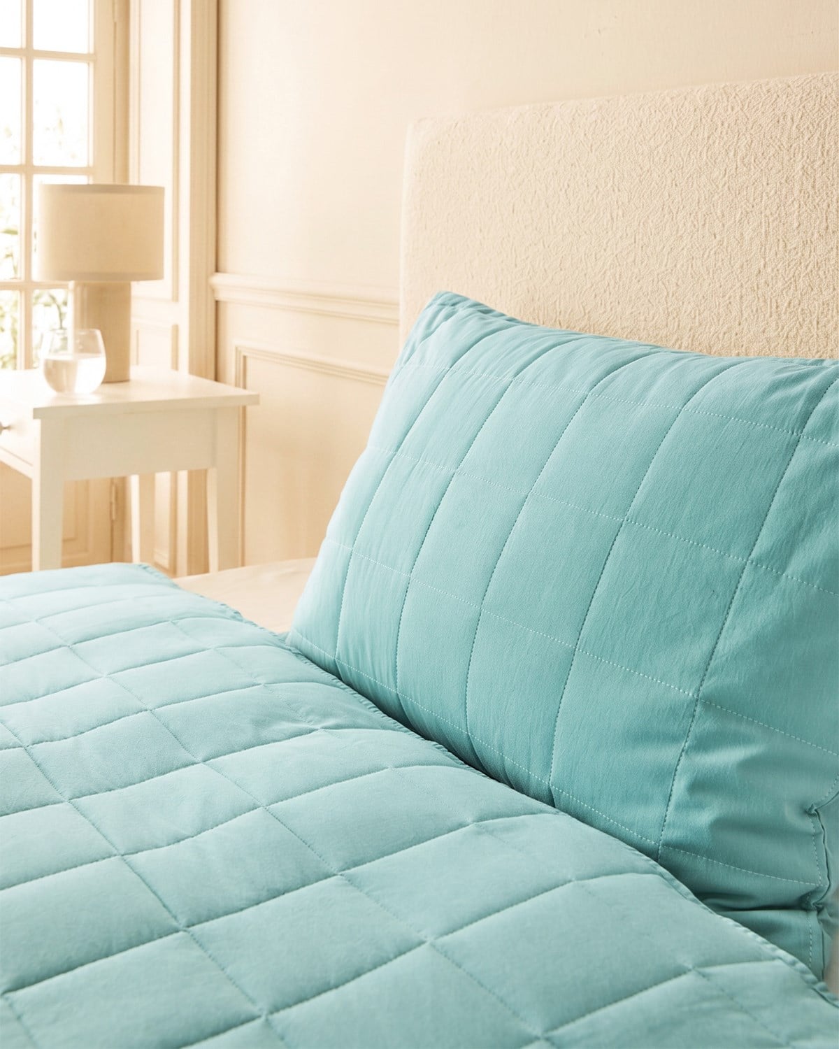 %100 Pamuk Kumaş Kapitoneli Mint Çok Amaçlı Tek Kişilik Yatak Örtüsü Seti 1 Adet 180 x 230 / 1 Adet 50 x 70 cm