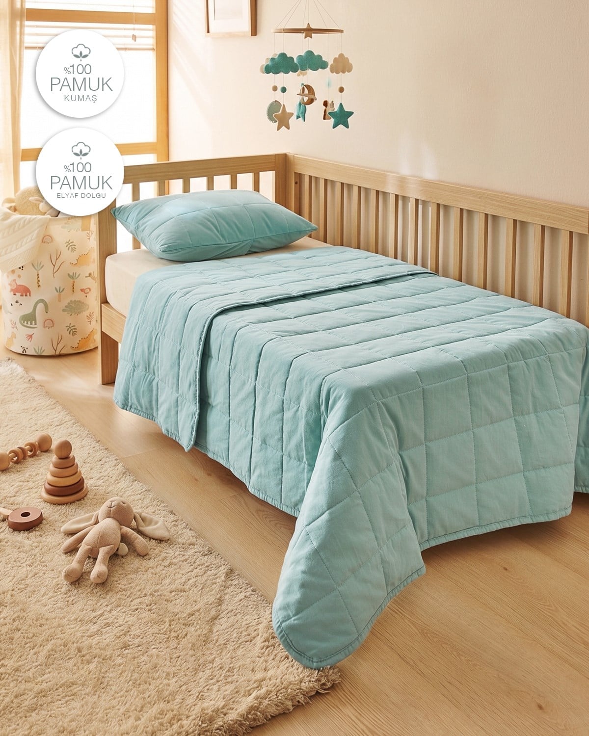 %100 Pamuk Kumaş Kapitoneli Mint Çok Amaçlı Bebek Yatak Örtüsü Seti 1 Adet 100 x 150 / 1 Adet 37 x 47 cm