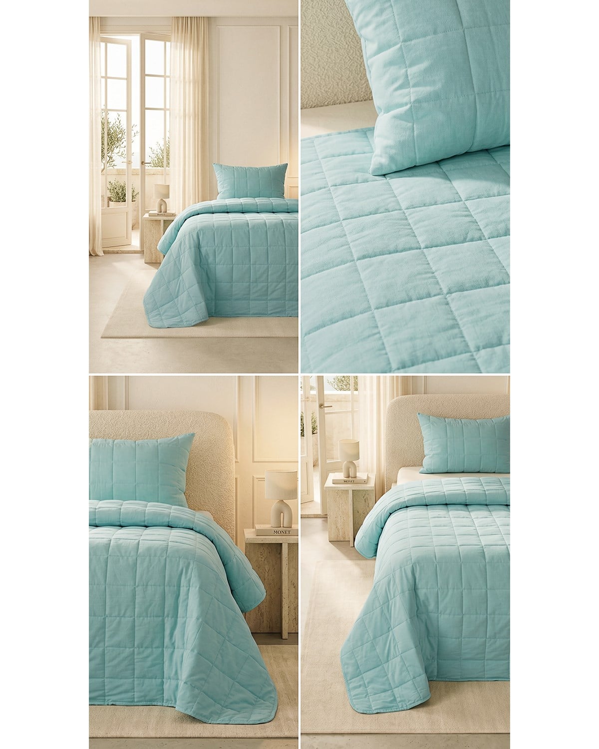 %100 Pamuk Kumaş Kapitoneli Mint Çok Amaçlı Tek Kişilik Yatak Örtüsü Seti 1 Adet 180 x 230 / 1 Adet 50 x 70 cm