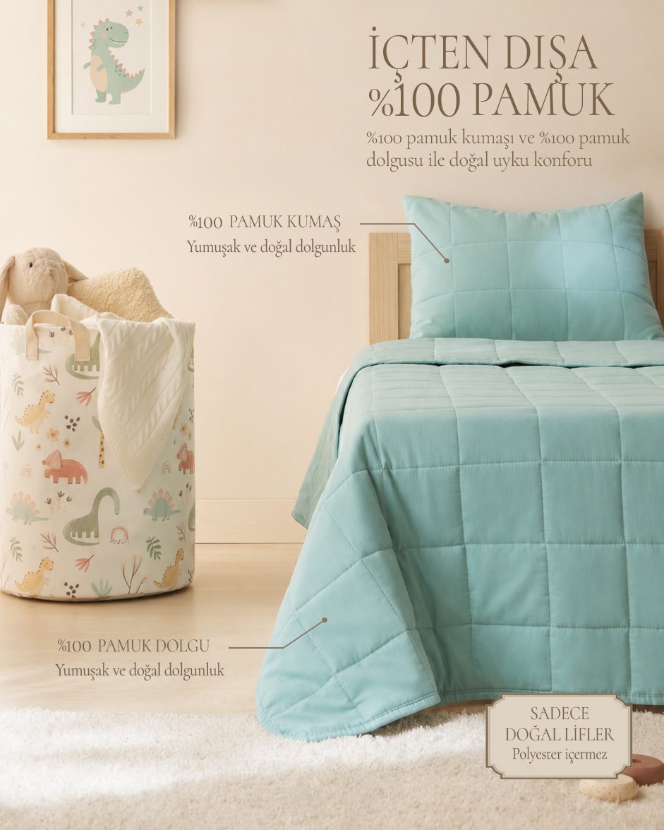 %100 Pamuk Kumaş Kapitoneli Mint Çok Amaçlı Bebek Yatak Örtüsü Seti 1 Adet 100 x 150 / 1 Adet 37 x 47 cm