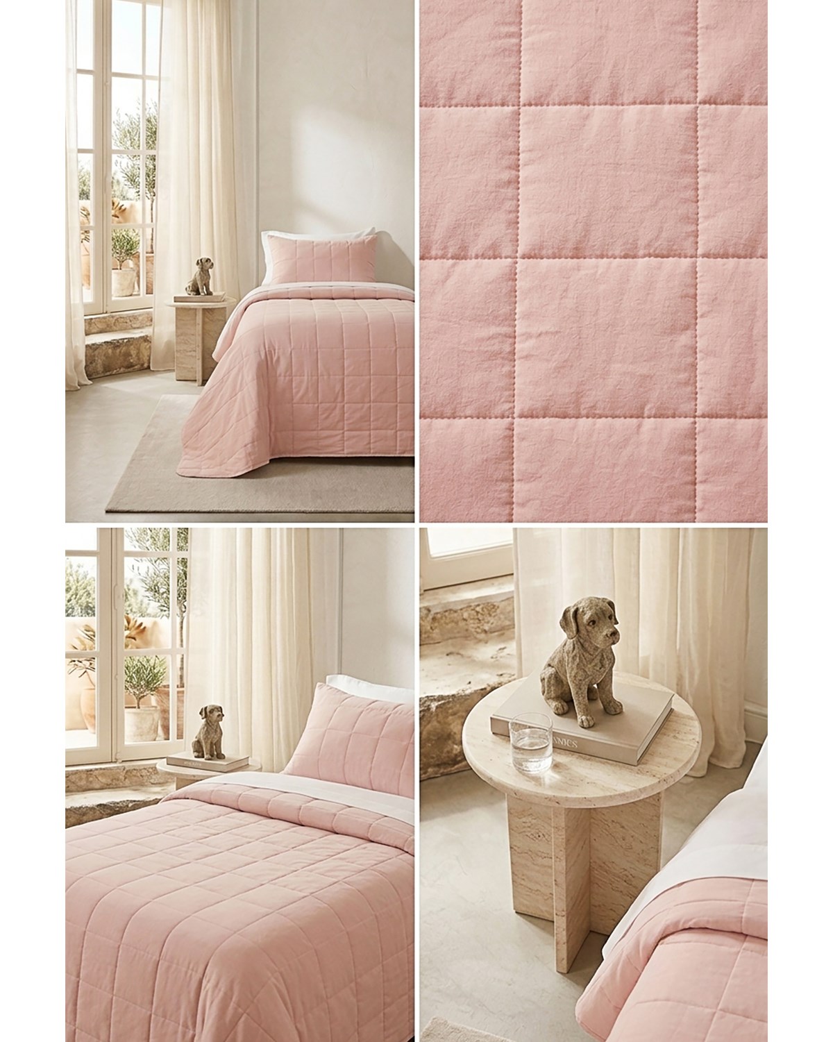 %100 Pamuk Kumaş Kapitoneli Pembe Çok Amaçlı Tek Kişilik Yatak Örtüsü Seti 1 Adet 180 x 230 / 1 Adet 50 x 70 cm