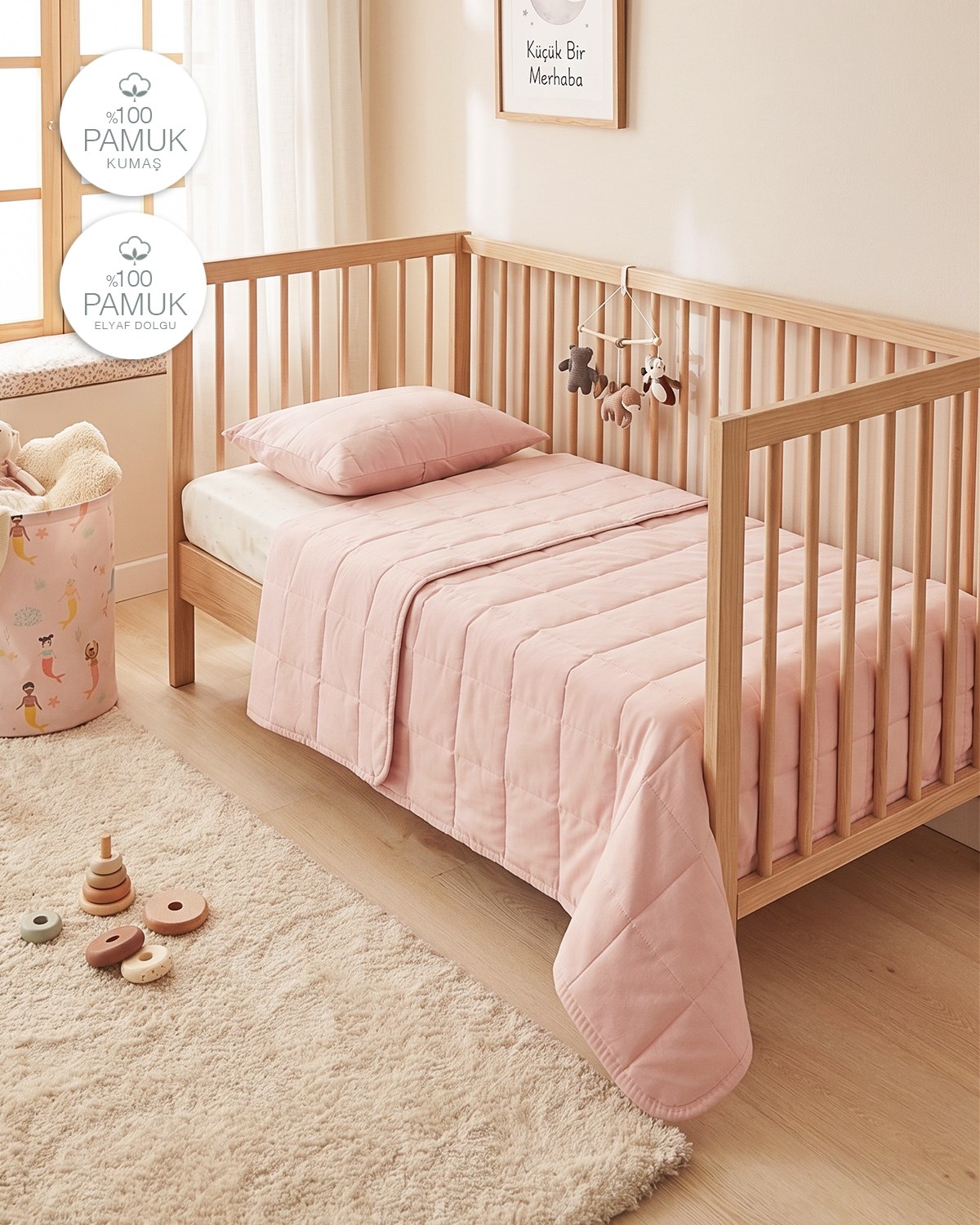 %100 Pamuk Kumaş Kapitoneli Pembe Çok Amaçlı Bebek Yatak Örtüsü Seti 1 Adet 100 x 150 / 1 Adet 37 x 47 cm