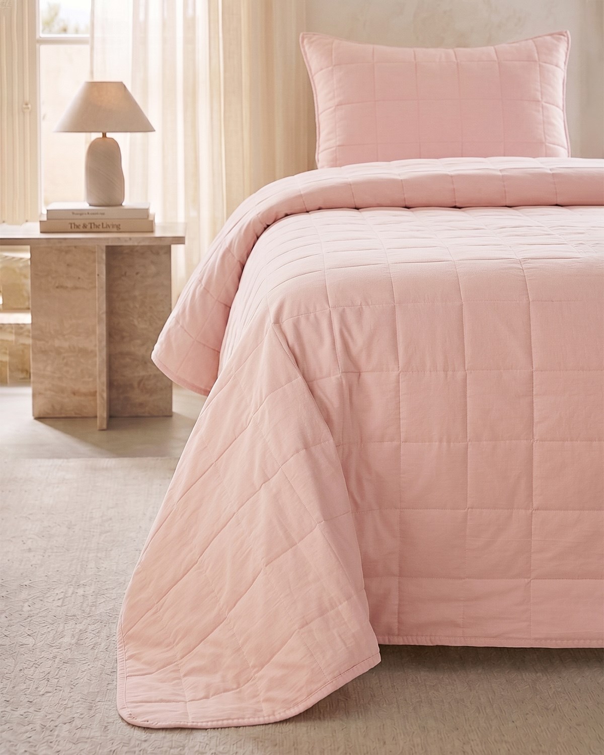 %100 Pamuk Kumaş Kapitoneli Pembe Çok Amaçlı Tek Kişilik Yatak Örtüsü Seti 1 Adet 180 x 230 / 1 Adet 50 x 70 cm