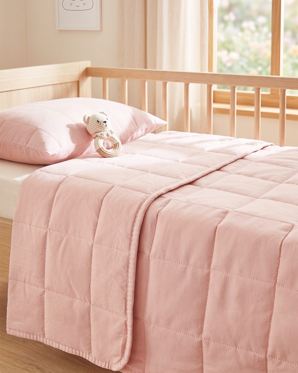 %100 Pamuk Kumaş Kapitoneli Pembe Çok Amaçlı Bebek Yatak Örtüsü Seti 1 Adet 100 x 150 / 1 Adet 37 x 47 cm