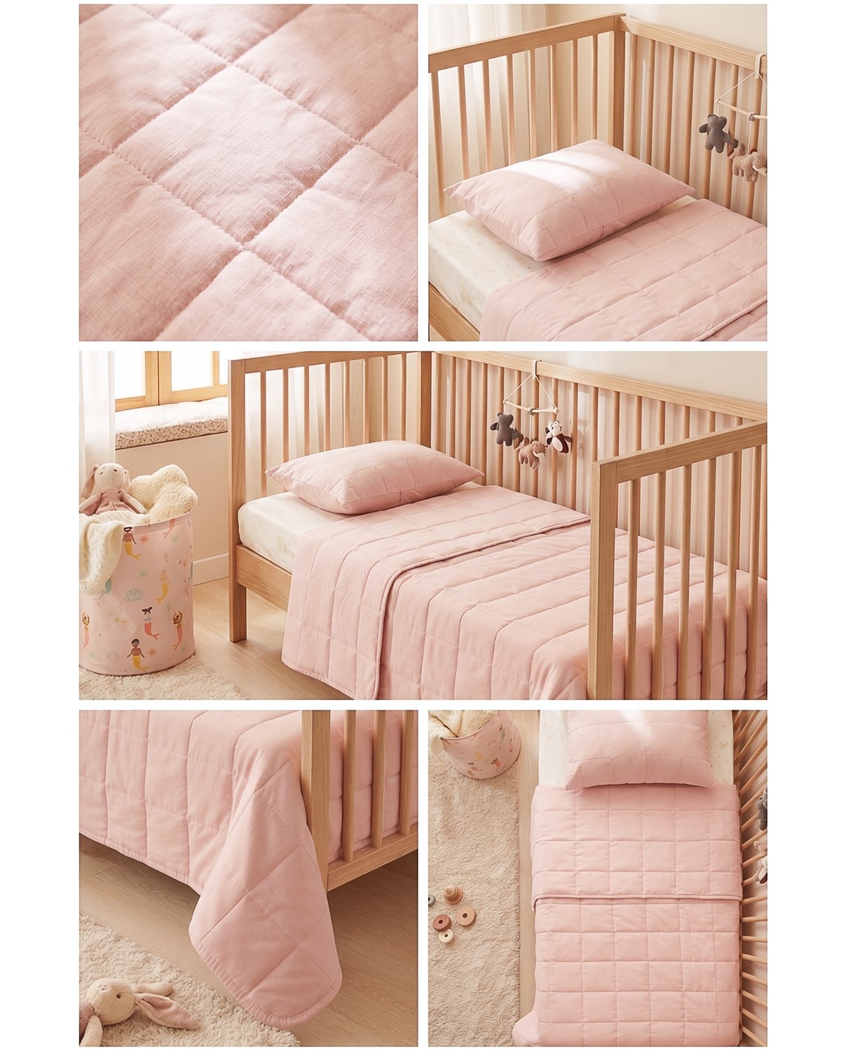 %100 Pamuk Kumaş Kapitoneli Pembe Çok Amaçlı Bebek Yatak Örtüsü Seti 1 Adet 100 x 150 / 1 Adet 37 x 47 cm