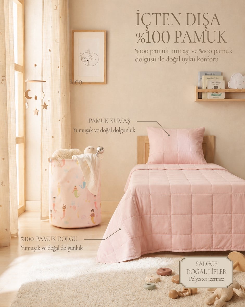 %100 Pamuk Kumaş Kapitoneli Pembe Çok Amaçlı Bebek Yatak Örtüsü Seti 1 Adet 100 x 150 / 1 Adet 37 x 47 cm