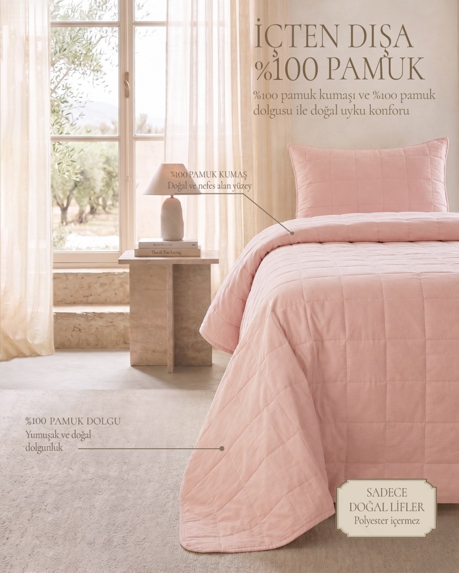 %100 Pamuk Kumaş Kapitoneli Pembe Çok Amaçlı Tek Kişilik Yatak Örtüsü Seti 1 Adet 180 x 230 / 1 Adet 50 x 70 cm