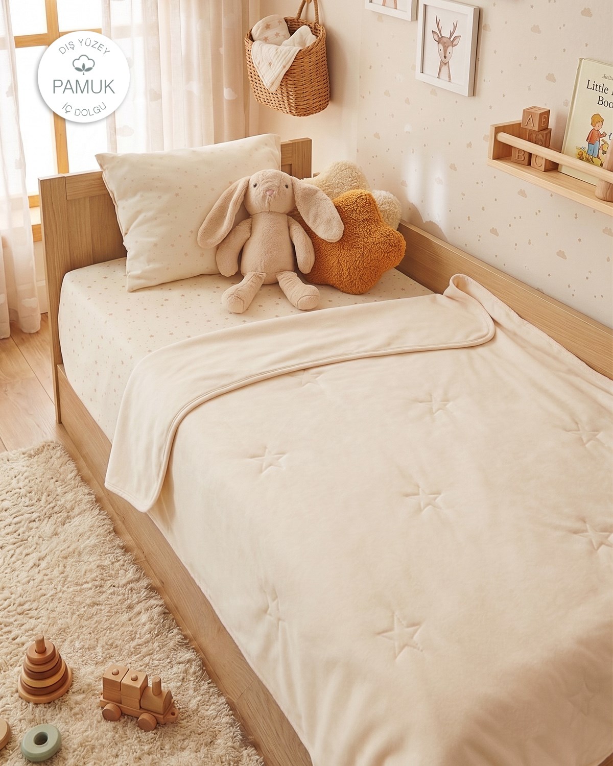 %100 Pamuk Penye Ekru Yıldız Nakışlı Bebek Çok Amaçlı Örtü 90 x 120 cm