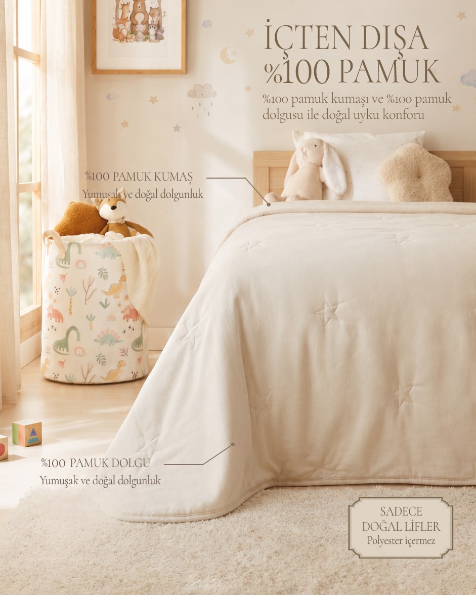 %100 Pamuk Penye Ekru Yıldız Nakışlı Bebek Çok Amaçlı Örtü 90 x 120 cm