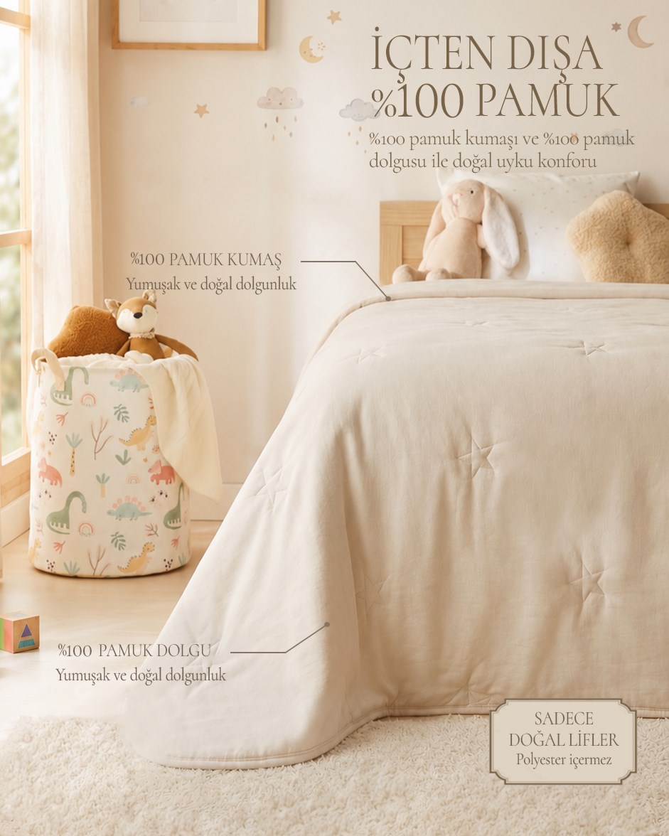 %100 Pamuk Penye Ekru Yıldız Nakışlı Çocuk Tek Kişilik Çok Amaçlı Örtü 155 x 215 cm