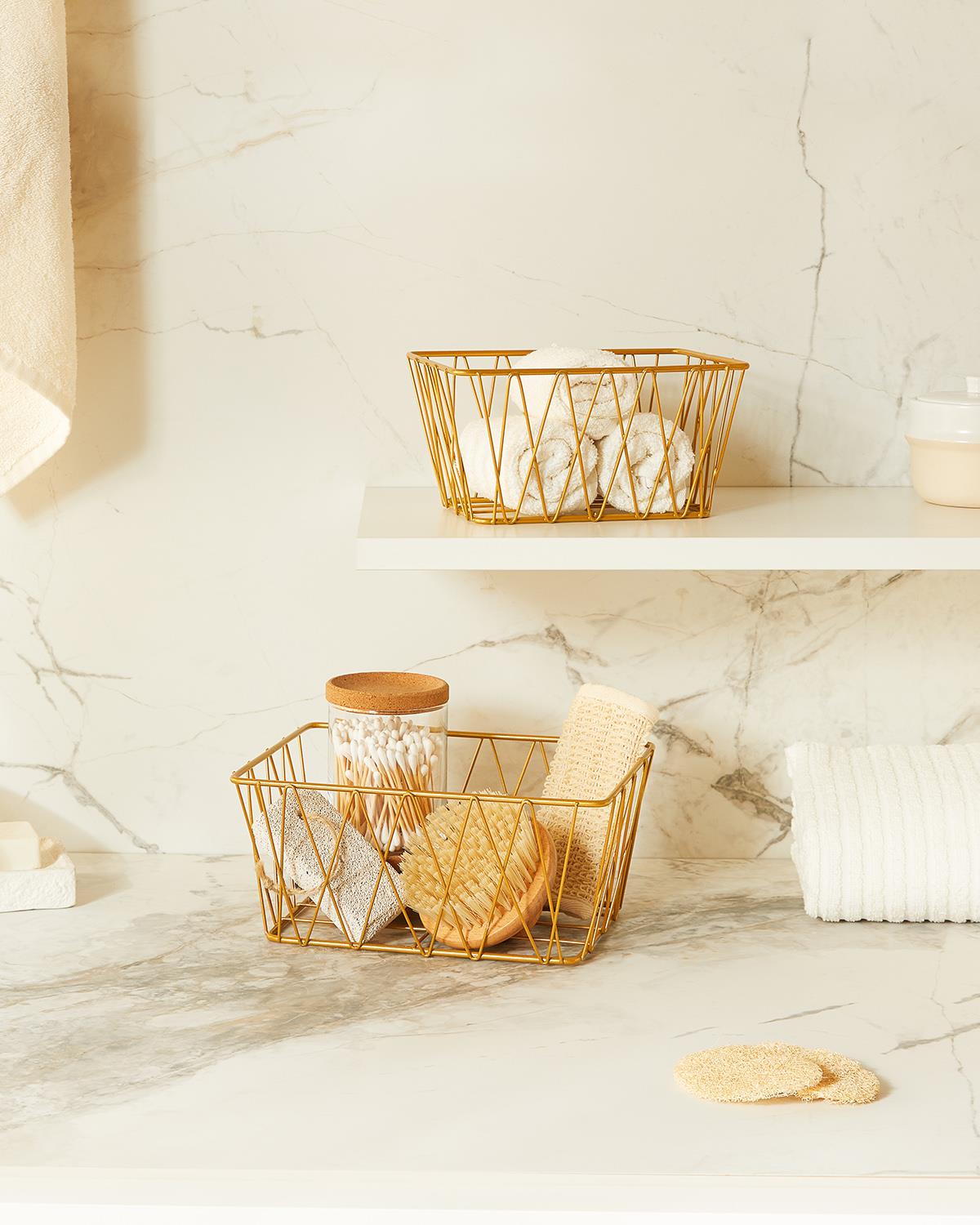 2li Altın Renk Metal Sepet Set 25 x 18.5 x 10.5 / 20.5 x 15.5 x 10 cm