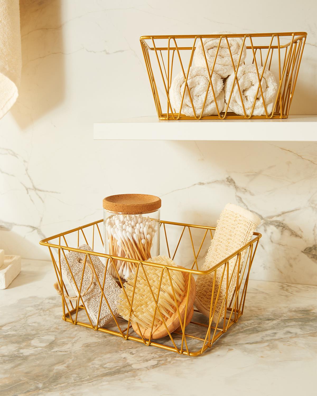 2li Altın Renk Metal Sepet Set 25 x 18.5 x 10.5 / 20.5 x 15.5 x 10 cm