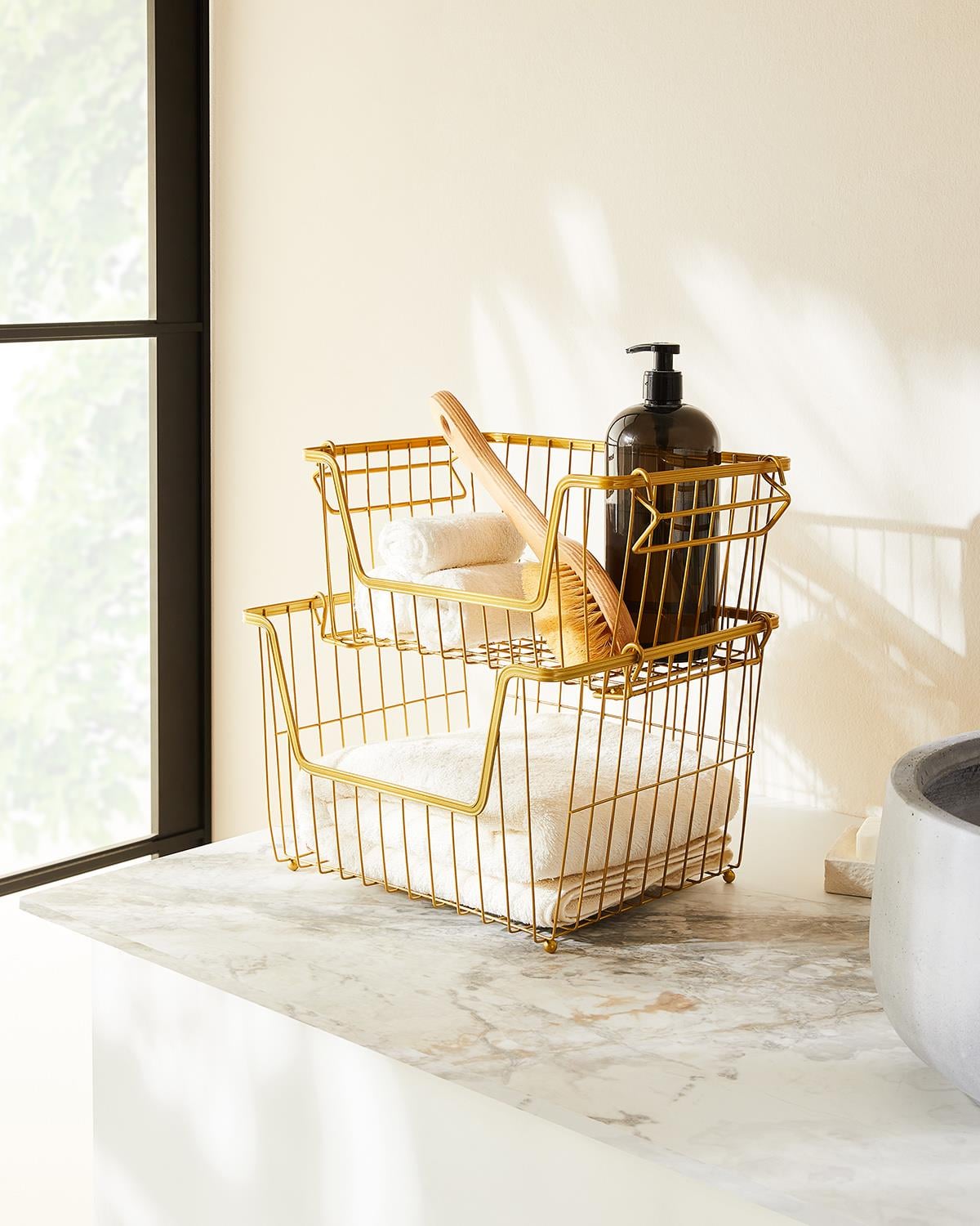 2li Altın Renk Metal Sepet Set 32 x 22 x 16 / 33 x 27 x 20 cm