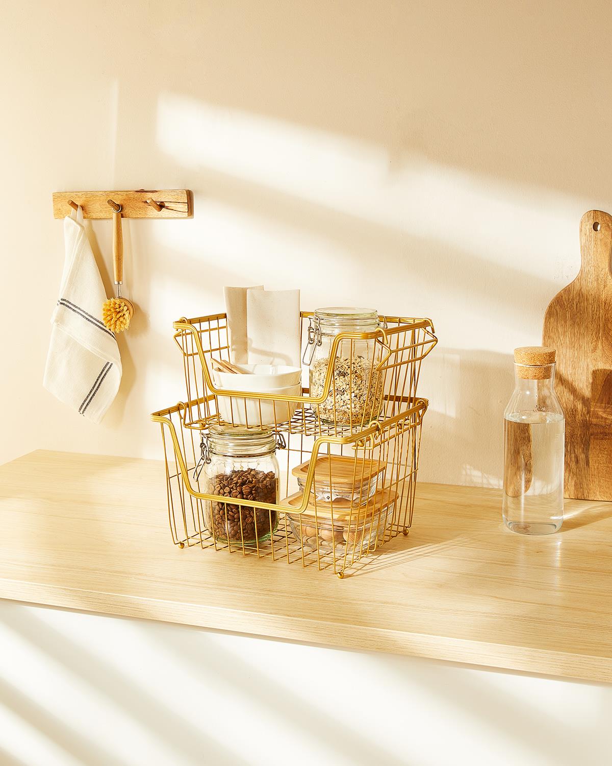 2li Altın Renk Metal Sepet Set 32 x 22 x 16 / 33 x 27 x 20 cm