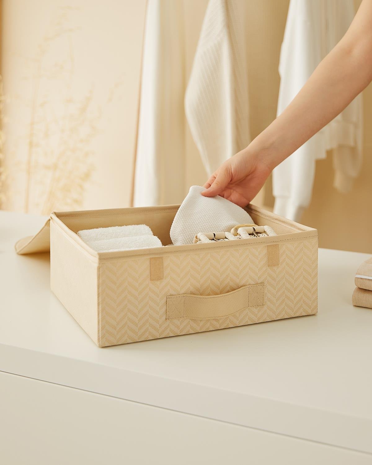 2li Bej Balıksırtı Kapaklı Kutu Set 30 x 23 x 11 cm