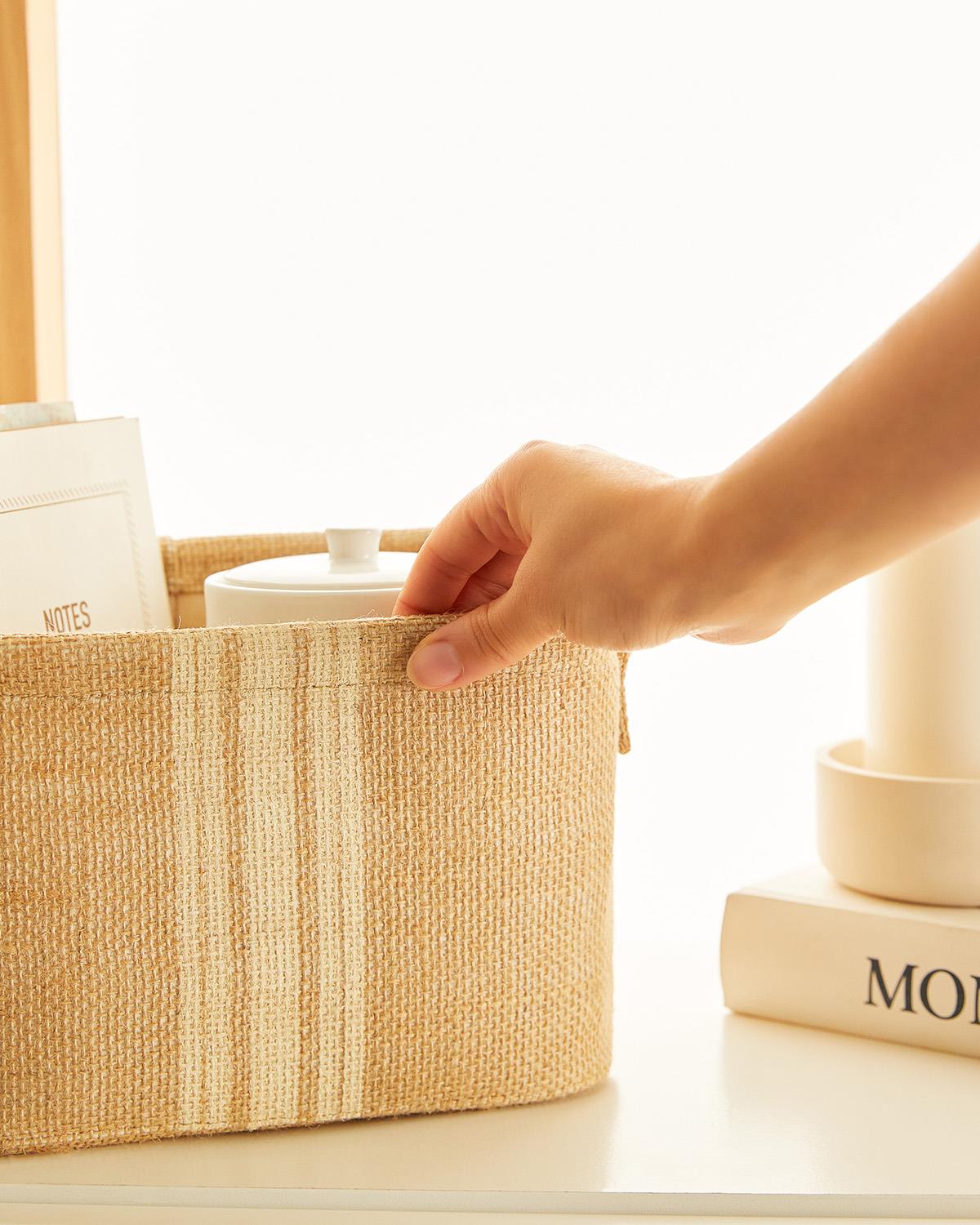 2li Çizgili Jüt Sepet Set 1 Adet 20 x 20 / 1 Adet 24 x 17 x 14 cm