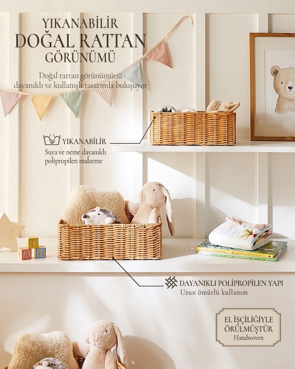 2li Çocuk Odası Yıkanabilir Bej PP Rattan Sepet Set 30 x 20 x 11 / 36 x 26 x 12 cm