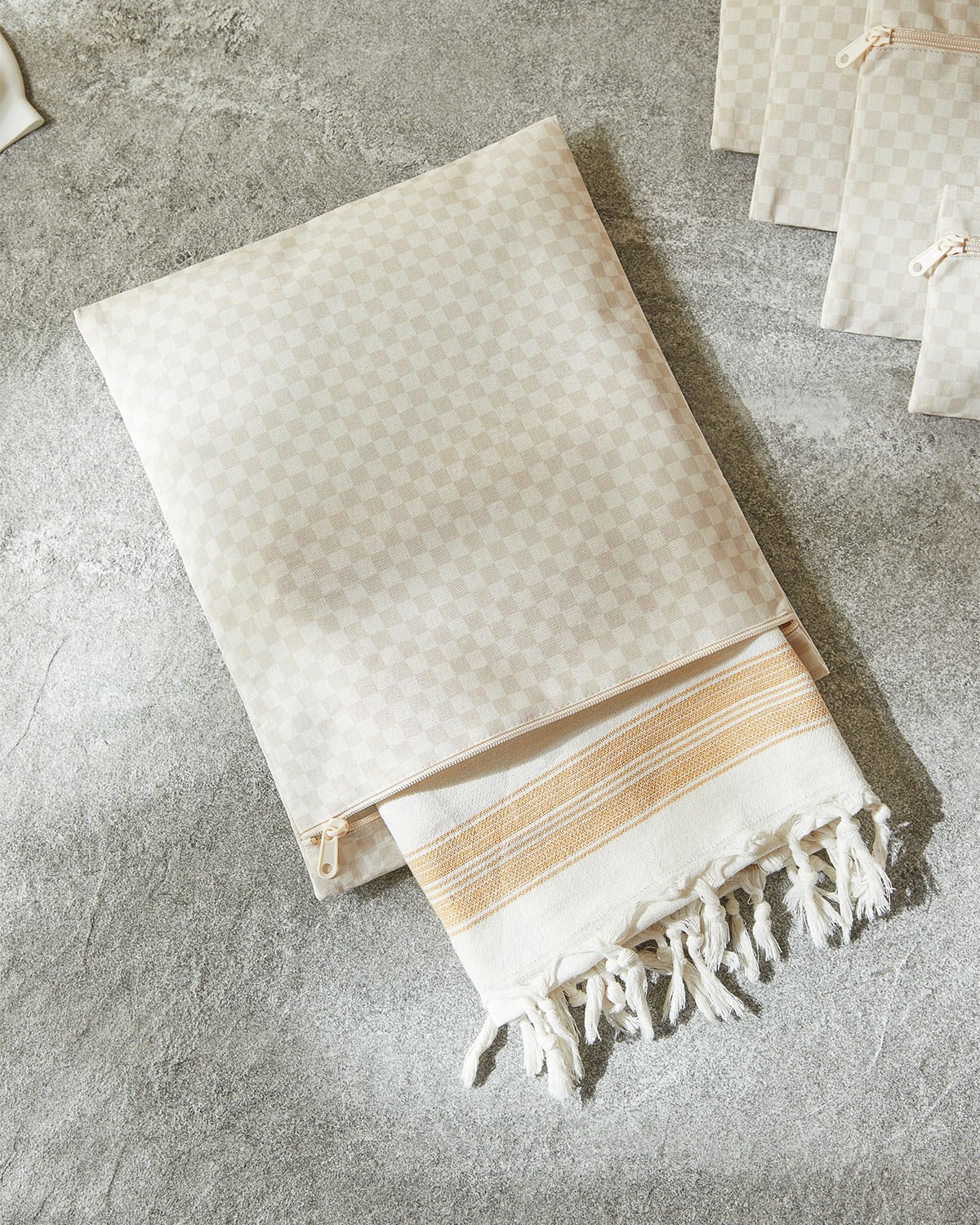 2li Su Geçirmez Pvc Astarlı Bej Dama Desen Islak Kuru Çantası 28 x 30 / 30 x 36 cm