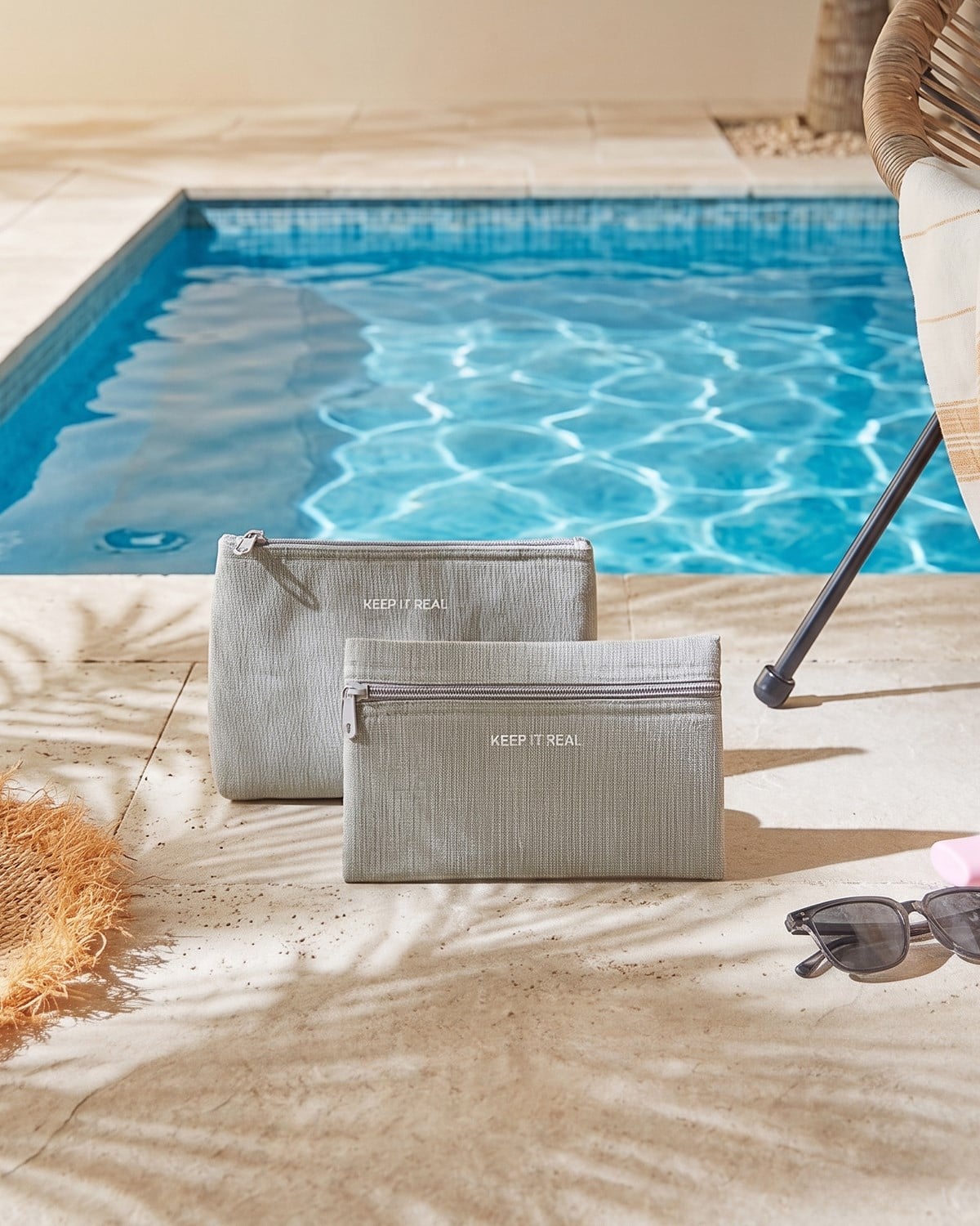 2li Termal Astarlı Su İtici Leke Tutmaz Gri Renk Jüt Keten Makyaj İlaç Çantası Seti 22 x 14 / 23 x 16 x 7 cm