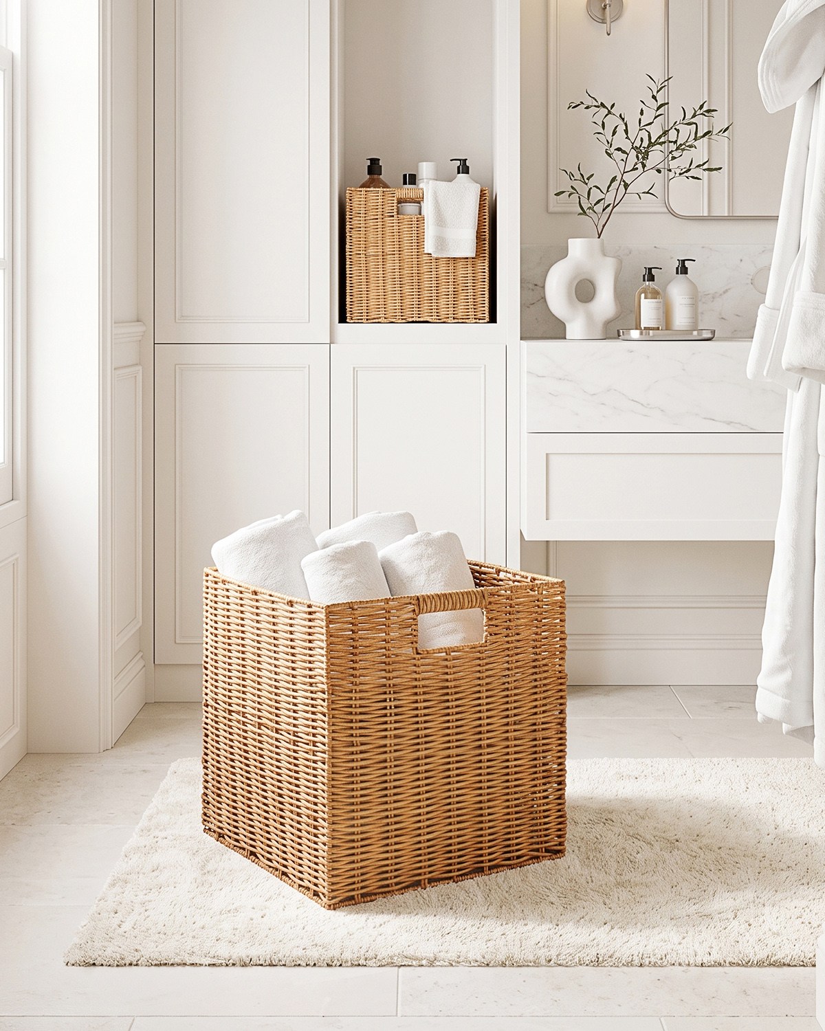 2li Yıkanabilir Bej PP Rattan Sepet Set 33 x 33 x 33 cm