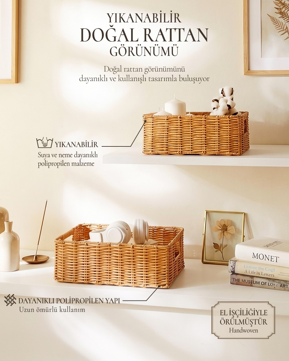 2li Yıkanabilir Bej PP Rattan Sepet Set 30 x 20 x 11 / 36 x 26 x 12 cm