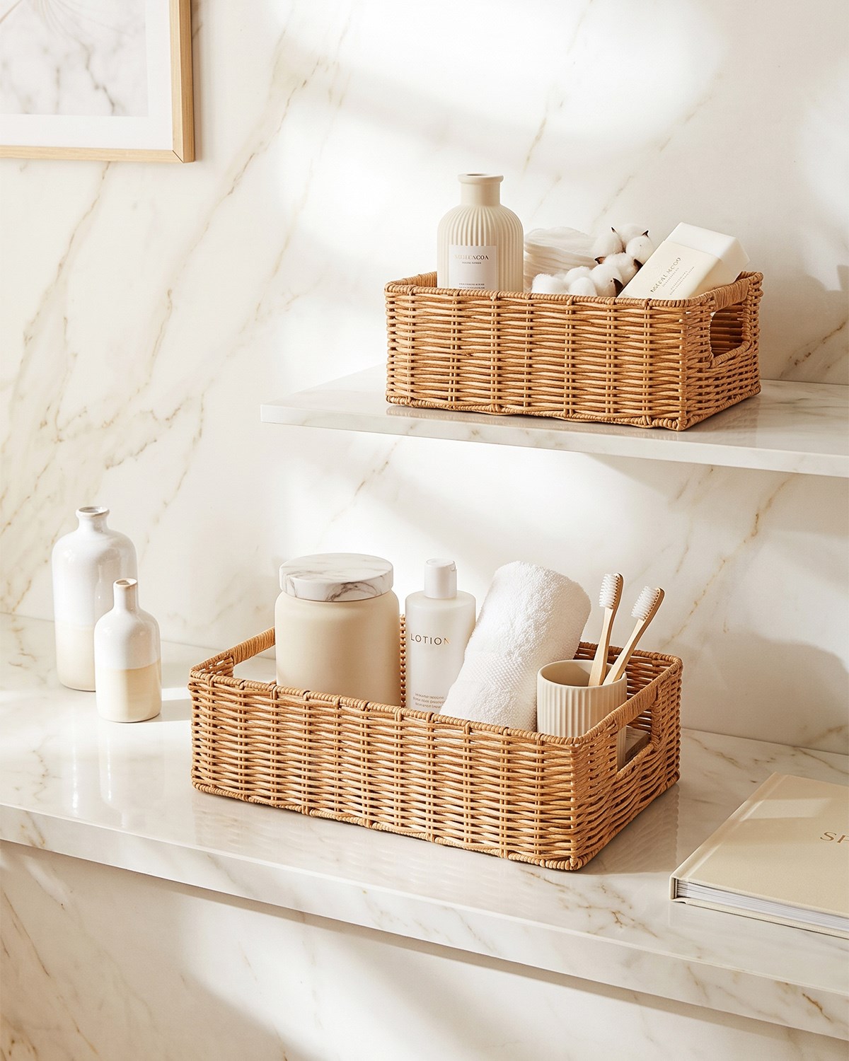2li Yıkanabilir Bej PP Rattan Sepet Set 30 x 20 x 11 / 36 x 26 x 12 cm