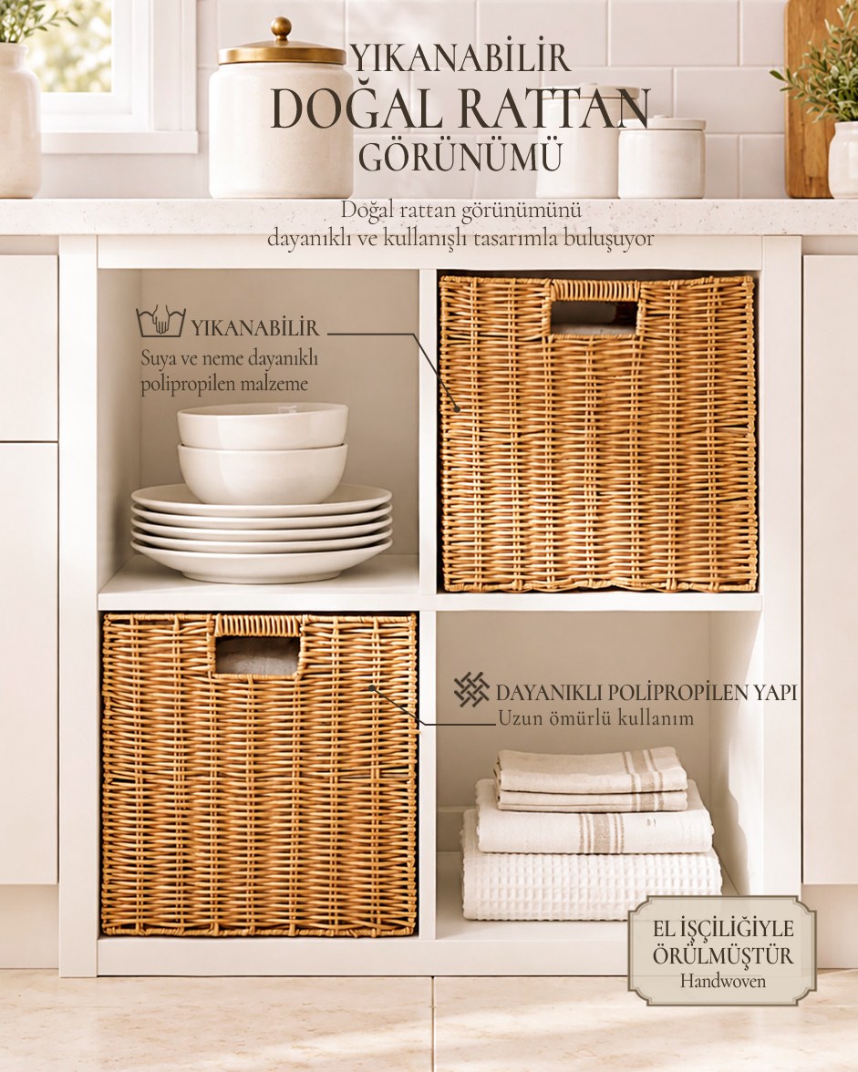 2li Yıkanabilir Bej PP Rattan Sepet Set 33 x 33 x 33 cm