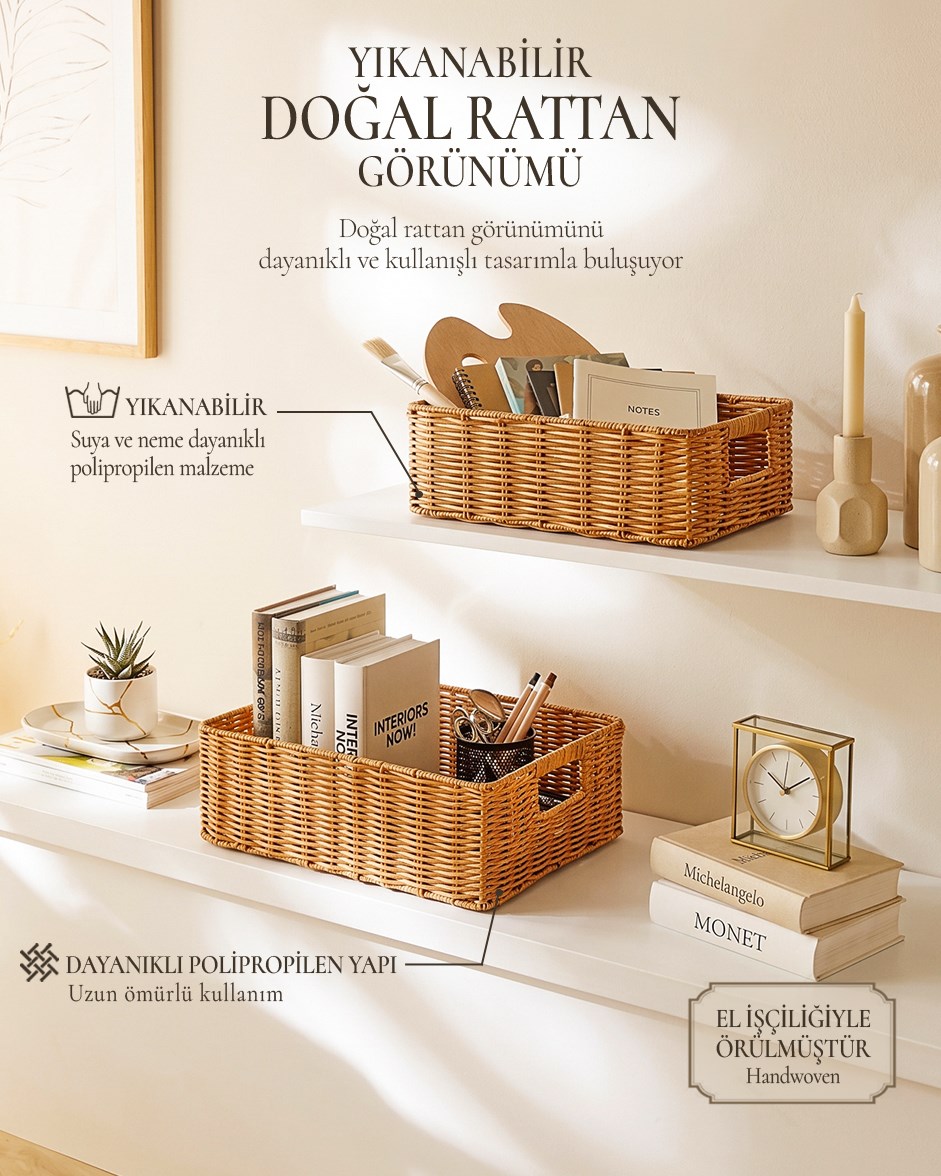 2li Yıkanabilir Bej PP Rattan Sepet Set 33 x 23 x 11 / 39 x 29 x 13 cm