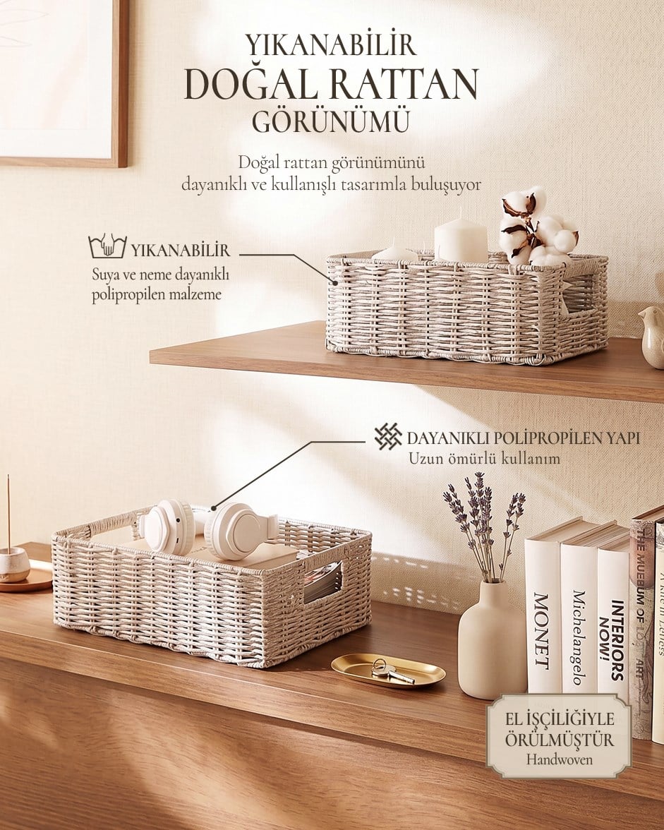 2li Yıkanabilir Gri PP Rattan Sepet Set 30 x 20 x 11 / 36 x 26 x 12 cm