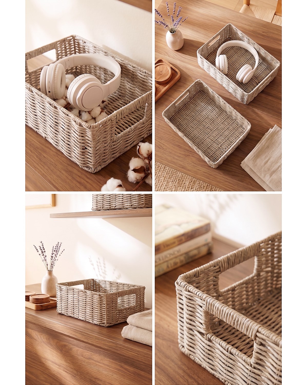 2li Yıkanabilir Gri PP Rattan Sepet Set 30 x 20 x 11 / 36 x 26 x 12 cm