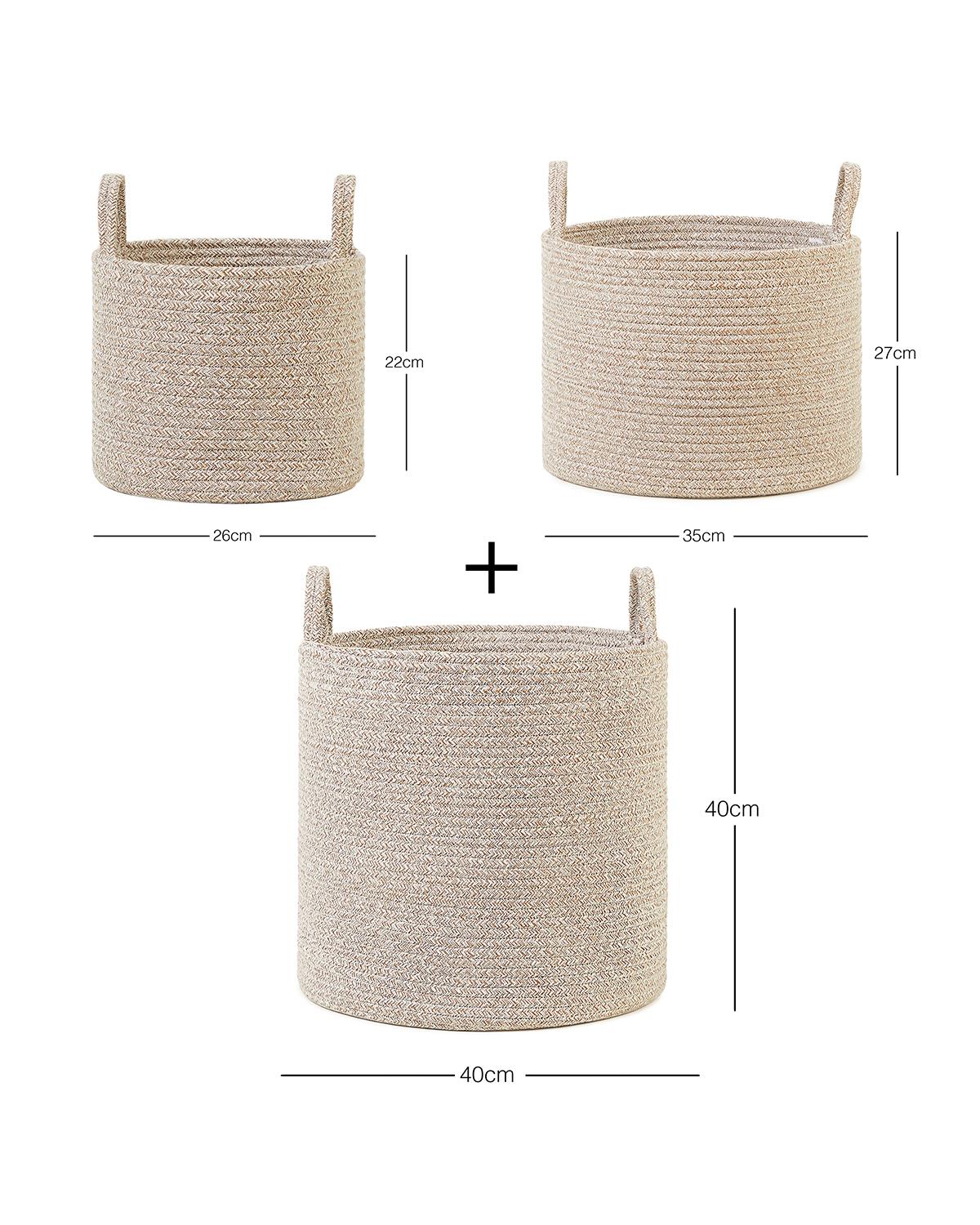 3lü Bej Kırçıllı Pamuklu Halat Sepet Set 26 x 22 / 35 x 27 / 40 x 40 cm