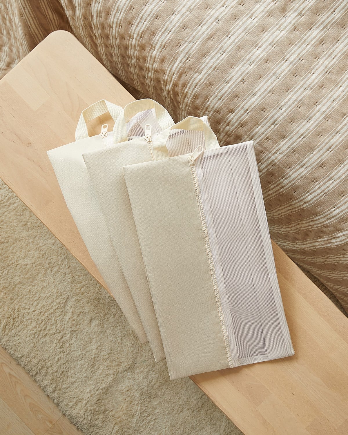 3lü Bej Renk Fileli Oxford Kumaş Ayakkabı Düzenleyici Taşıma Çantası Seti 22 x 40 x 9 cm