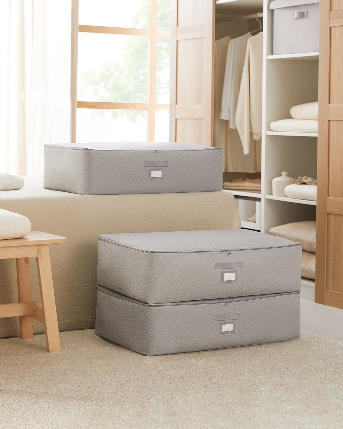 3lü Mega Boy Gri Balıksırtı Baza Altı Hurç Set 74 x 46 x 22 cm