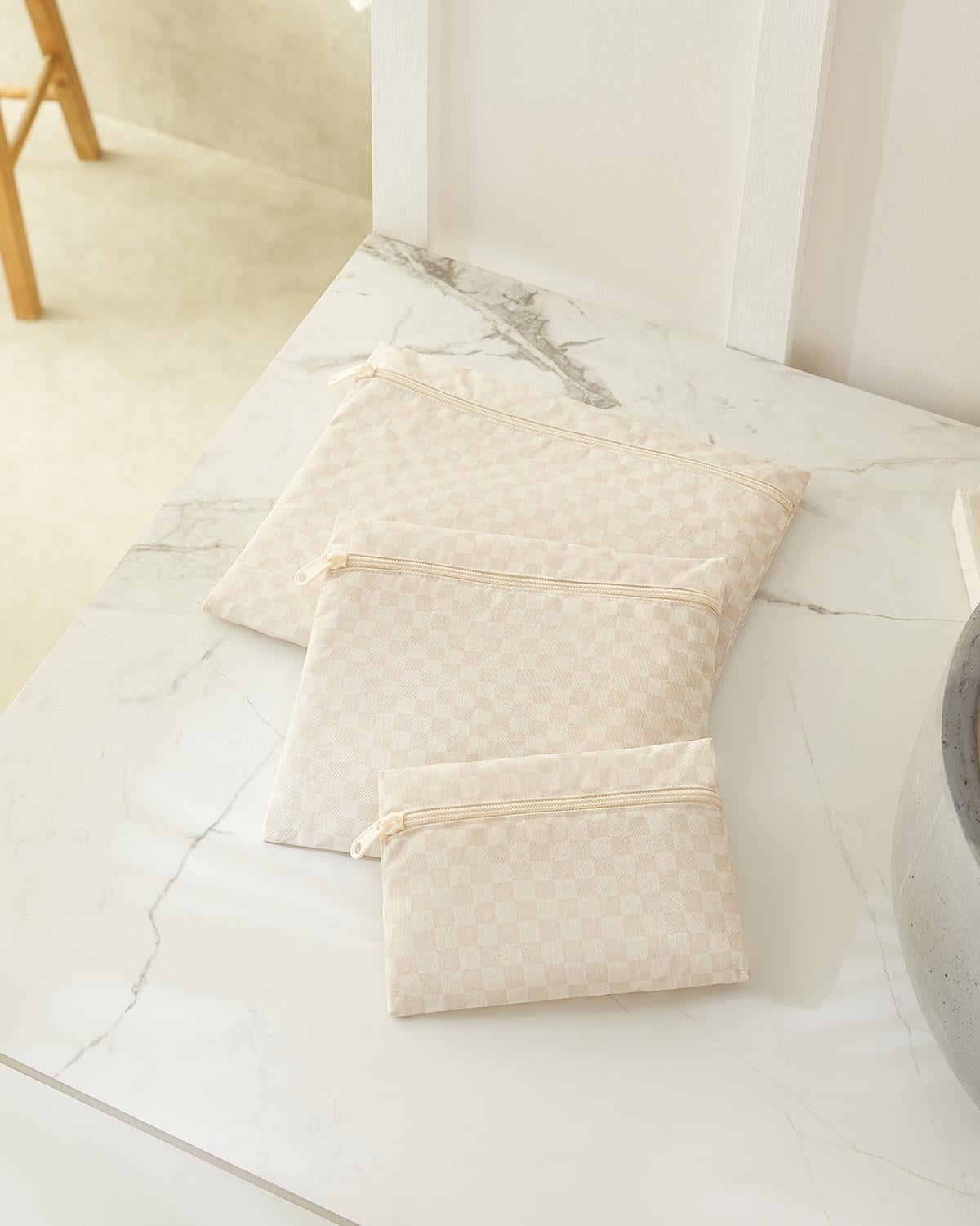 3lü Su Geçirmez Pvc Astarlı Bej Dama Desen Islak Kuru Çantası 20 x 13 / 24 x 20 / 30 x 24 cm