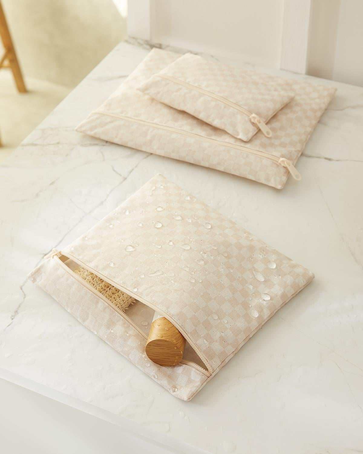 3lü Su Geçirmez Pvc Astarlı Bej Dama Desen Islak Kuru Çantası 20 x 13 / 24 x 20 / 30 x 24 cm