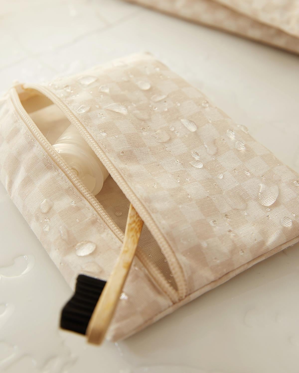 3lü Su Geçirmez Pvc Astarlı Bej Dama Desen Islak Kuru Çantası 20 x 13 / 24 x 20 / 30 x 24 cm