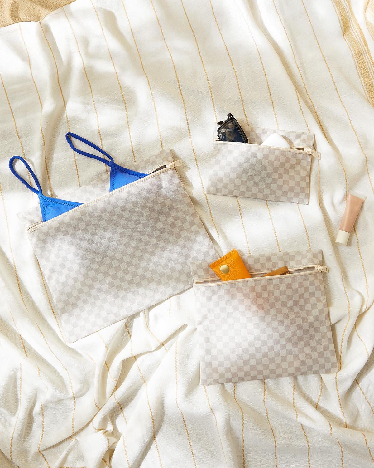 3lü Su Geçirmez Pvc Astarlı Gri Dama Desen Islak Kuru Çantası 20 x 13 / 24 x 20 / 30 x 24 cm