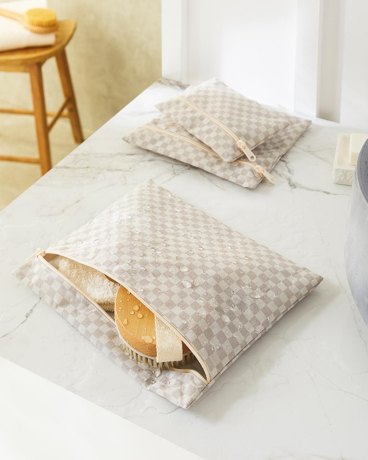 3lü Su Geçirmez Pvc Astarlı Gri Dama Desen Islak Kuru Çantası 20 x 13 / 24 x 20 / 30 x 24 cm