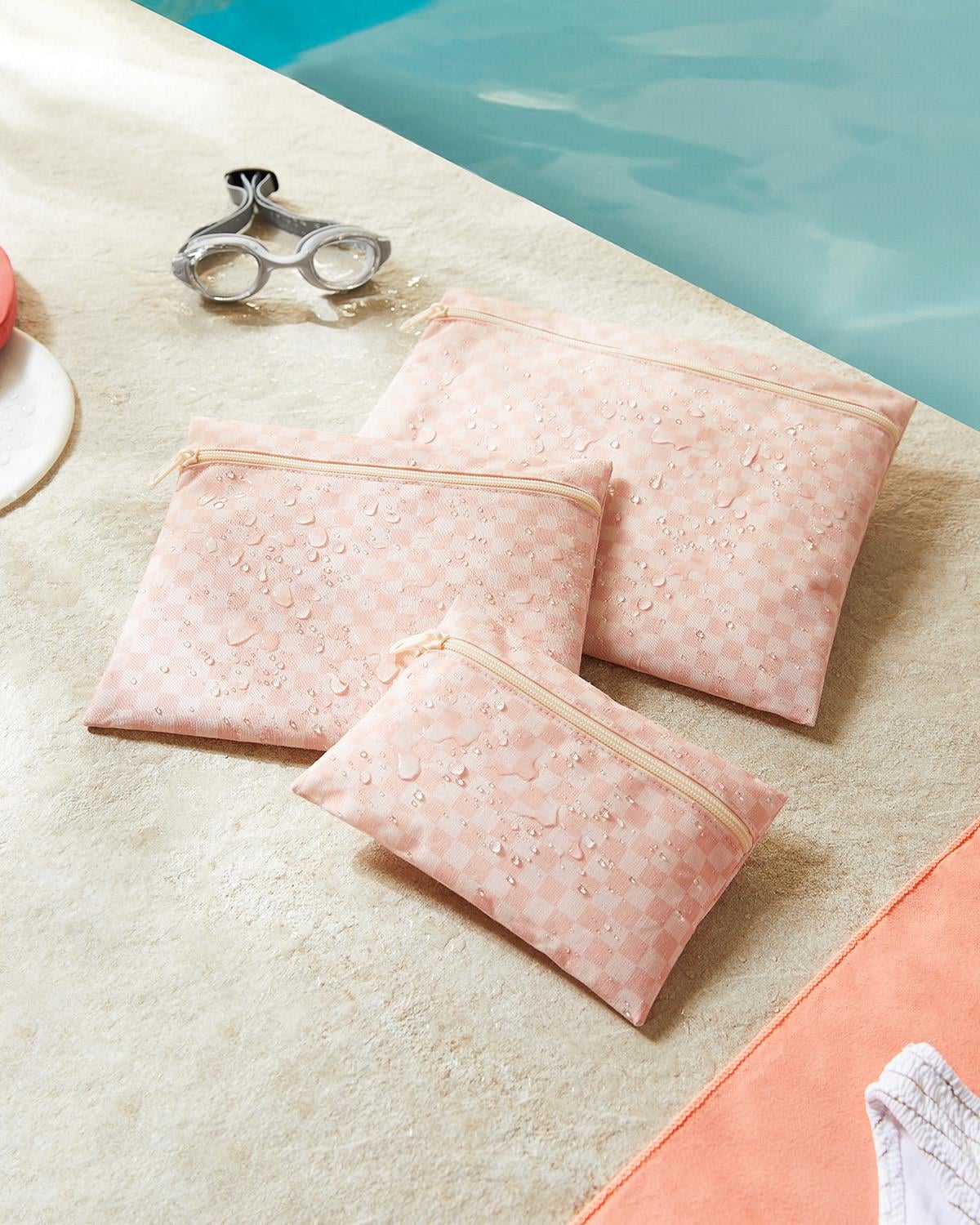 3lü Su Geçirmez Pvc Astarlı Pembe Dama Desen Islak Kuru Çantası 20 x 13 / 24 x 20 / 30 x 24 cm